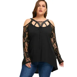 Gamiss Autumn Spring Top T-Shirt Women Halloween Plus Size Cold Shoulder Lace Up Top Black Lace T-Shirt Long Sleeve Big Size 5XL