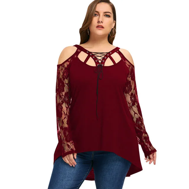 Gamiss Autumn Spring Top T-Shirt Women Halloween Plus Size Cold Shoulder Lace Up Top Black Lace T-Shirt Long Sleeve Big Size 5XL
