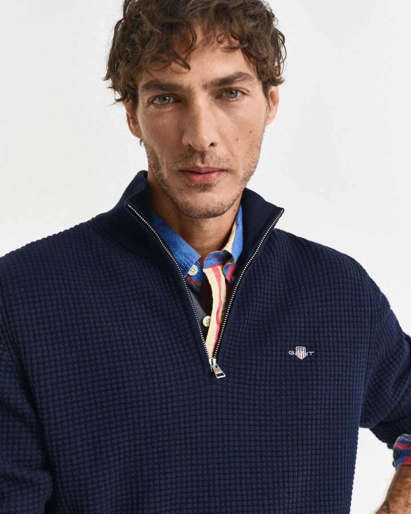 Gant Mens Textured cotton half zip - Evening blue