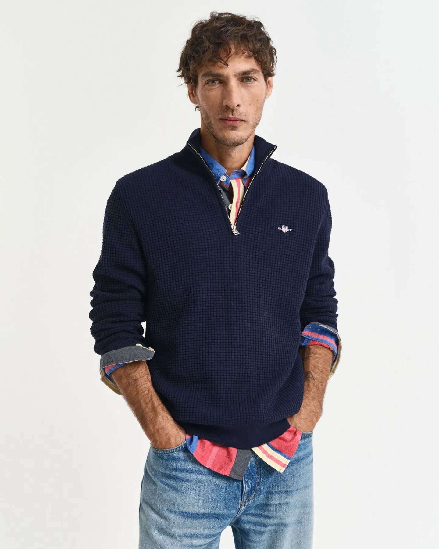 Gant Mens Textured cotton half zip - Evening blue
