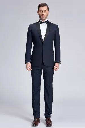 Gentle Blue Dots Shawl Lapel Wedding Tuxedos Dark Navy Wedding Suits for Men