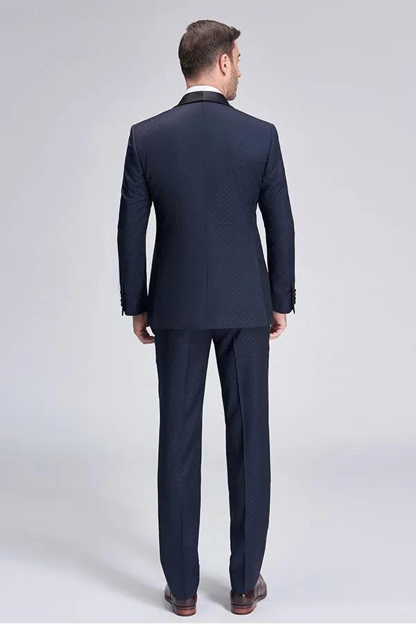 Gentle Blue Dots Shawl Lapel Wedding Tuxedos Dark Navy Wedding Suits for Men