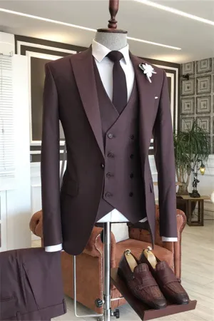Glamorous Burgundy Three Pieces Prom Suits with Peaked Lapel Slim Fit Business Suits