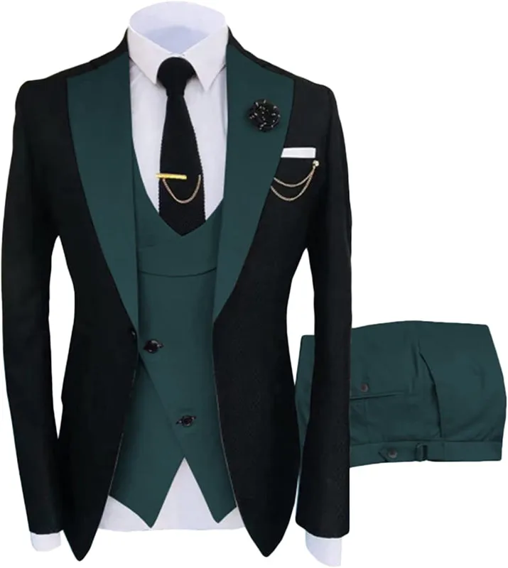 Glamorous Dark Green Shawl Lapel Three Piece Prom Suits One Button Business Suits Wedding Party Groom Blazer Vest Pants