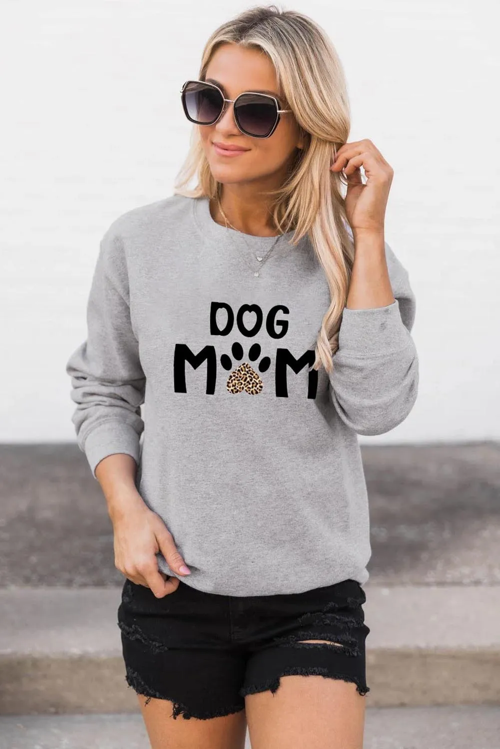 Gray DOG MOM Leopard Claw Print Long Sleeve Sweatshirt