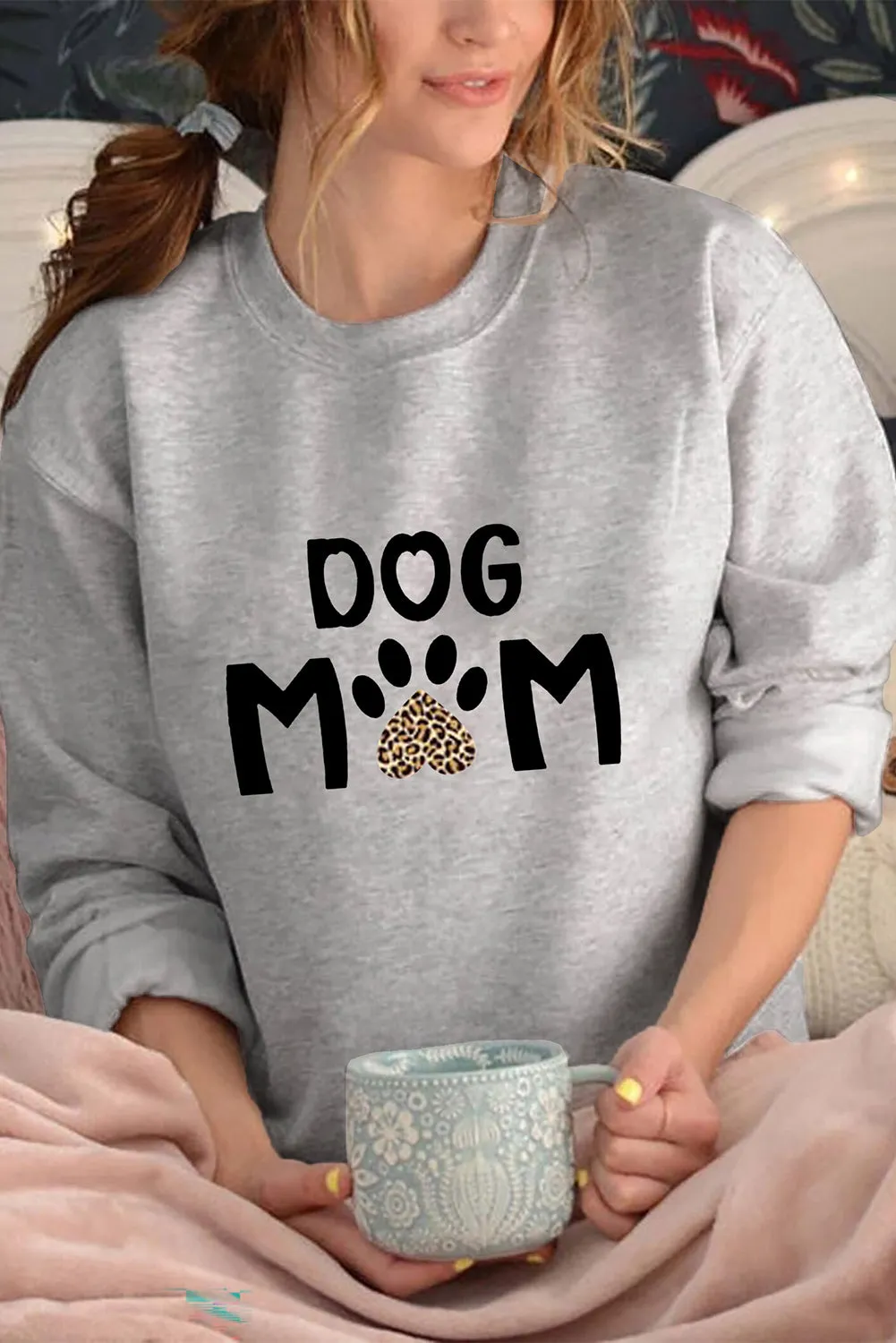 Gray DOG MOM Leopard Claw Print Long Sleeve Sweatshirt