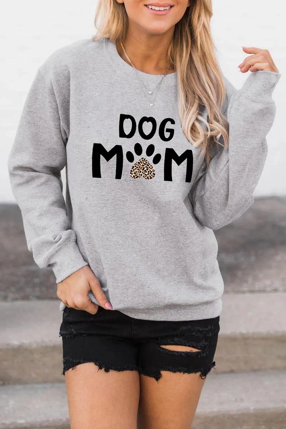 Gray DOG MOM Leopard Claw Print Long Sleeve Sweatshirt