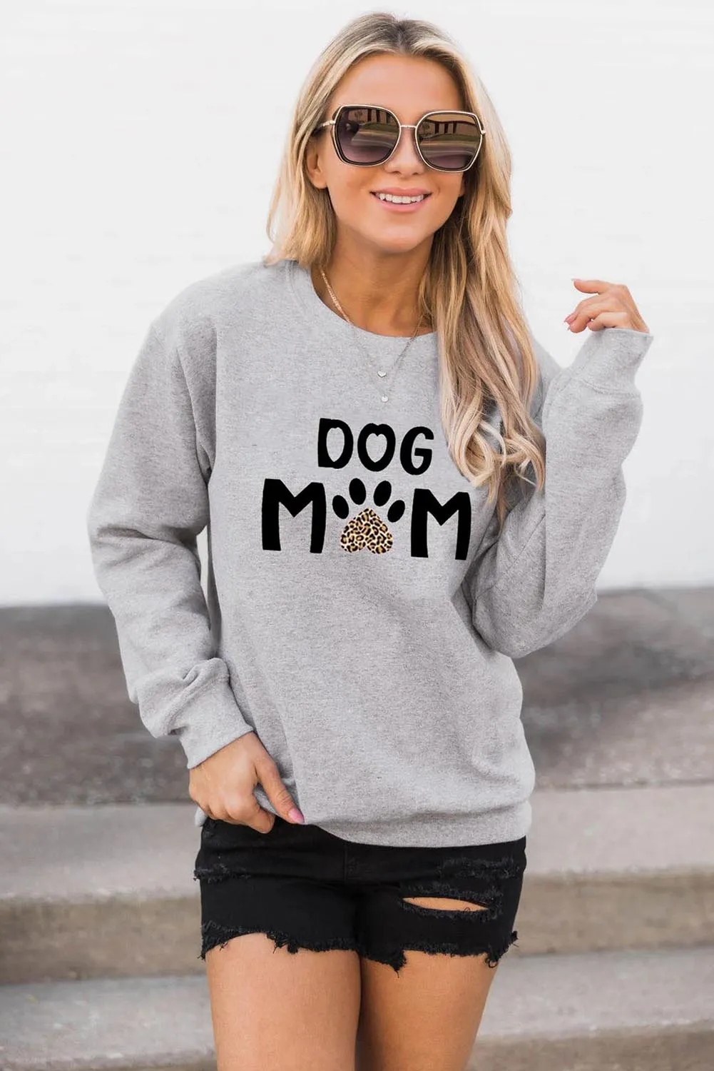 Gray DOG MOM Leopard Claw Print Long Sleeve Sweatshirt