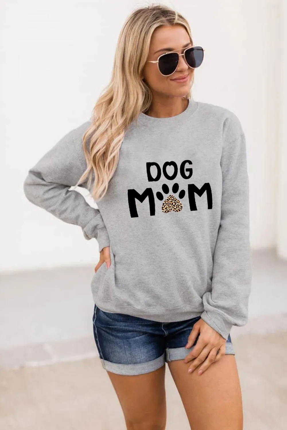 Gray DOG MOM Leopard Claw Print Long Sleeve Sweatshirt