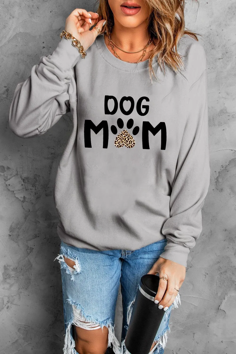 Gray DOG MOM Leopard Claw Print Long Sleeve Sweatshirt