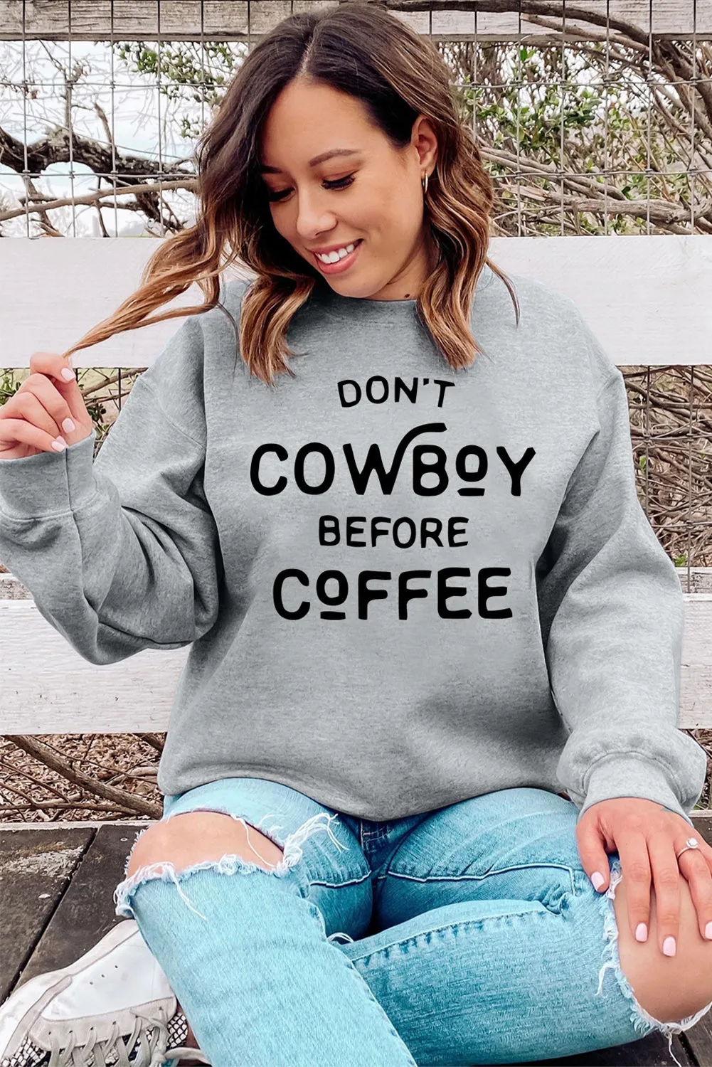Gray Letter Print Drop Shoulder Crew Neck Pullover Sweatshirt