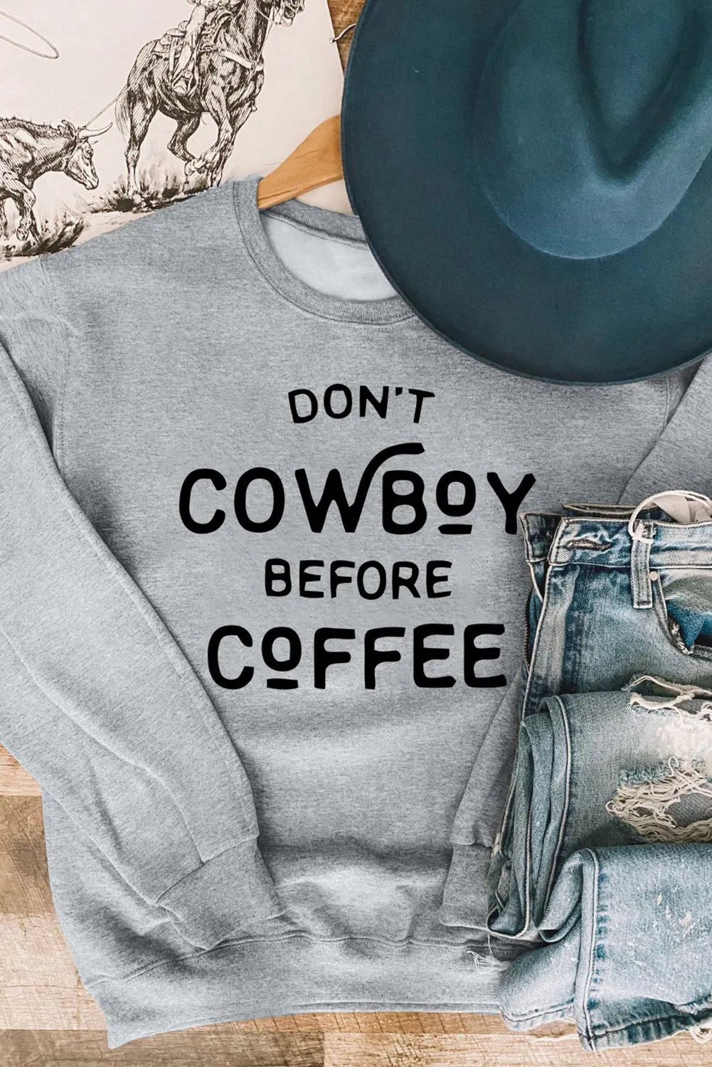 Gray Letter Print Drop Shoulder Crew Neck Pullover Sweatshirt