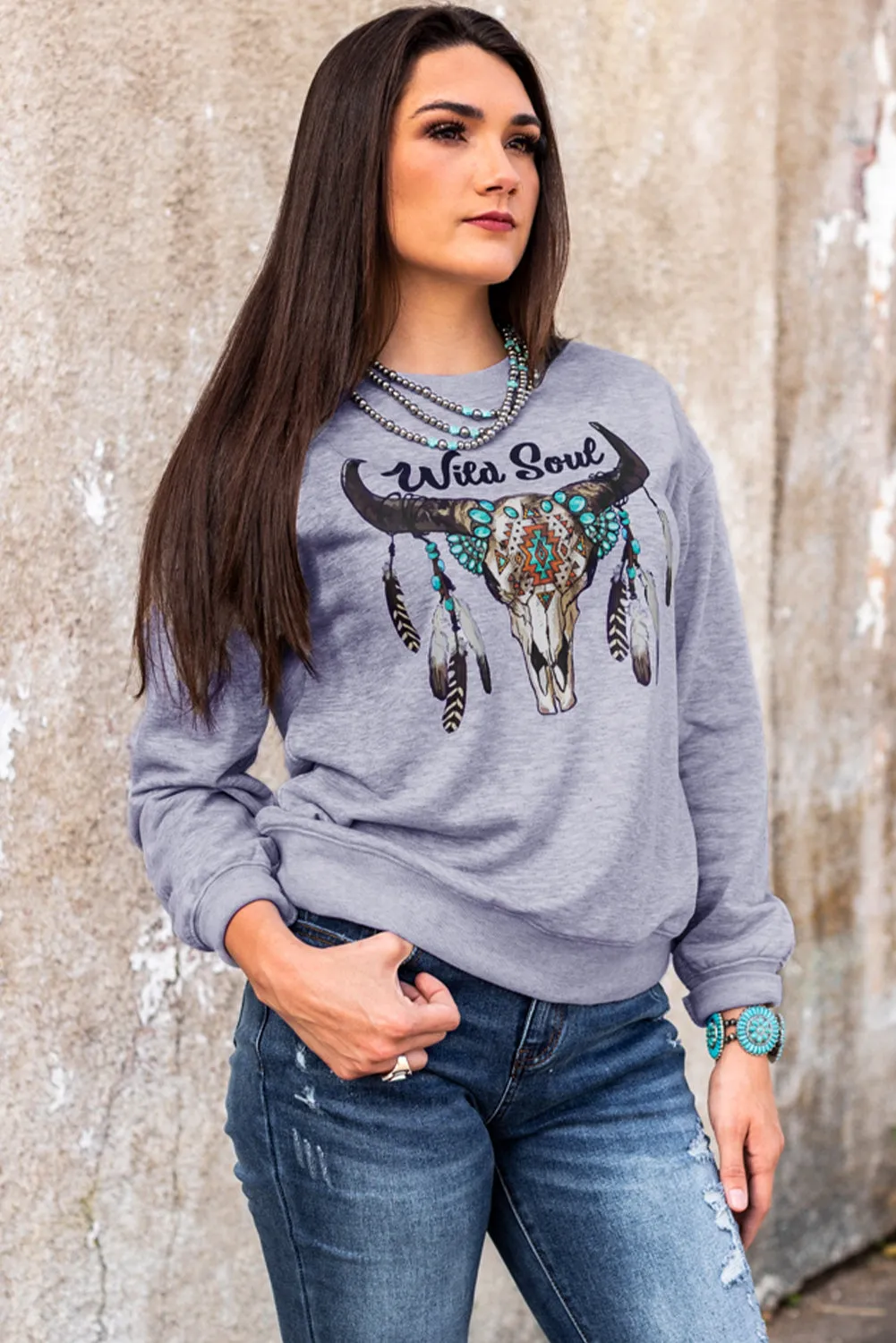 Gray Wild Soul Western Graphic Print Drop Shoulder Pullover Sweatshirt