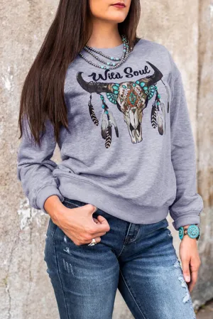 Gray Wild Soul Western Graphic Print Drop Shoulder Pullover Sweatshirt