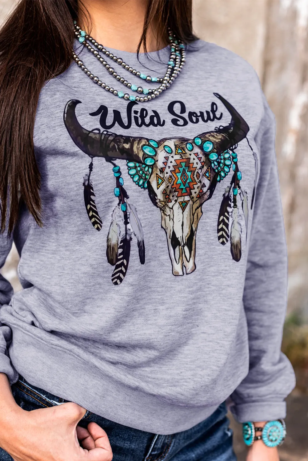 Gray Wild Soul Western Graphic Print Drop Shoulder Pullover Sweatshirt