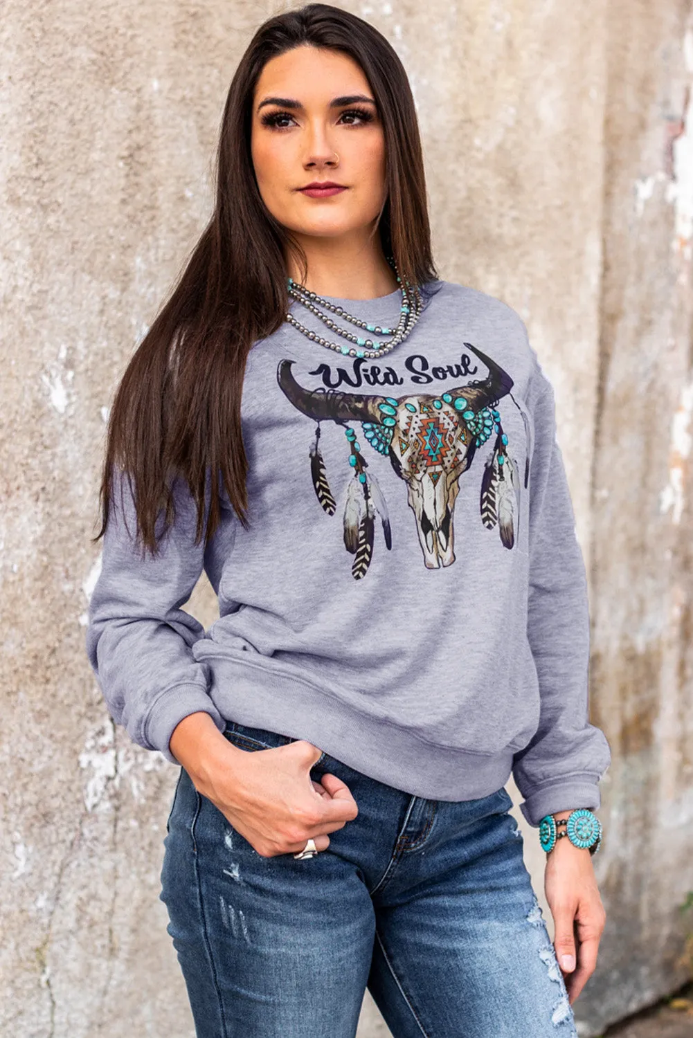 Gray Wild Soul Western Graphic Print Drop Shoulder Pullover Sweatshirt