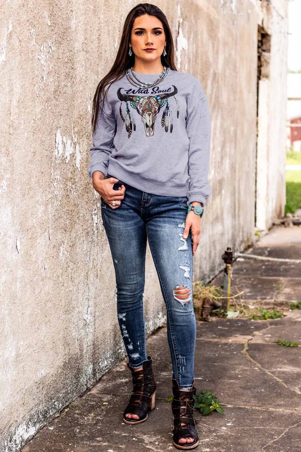Gray Wild Soul Western Graphic Print Drop Shoulder Pullover Sweatshirt
