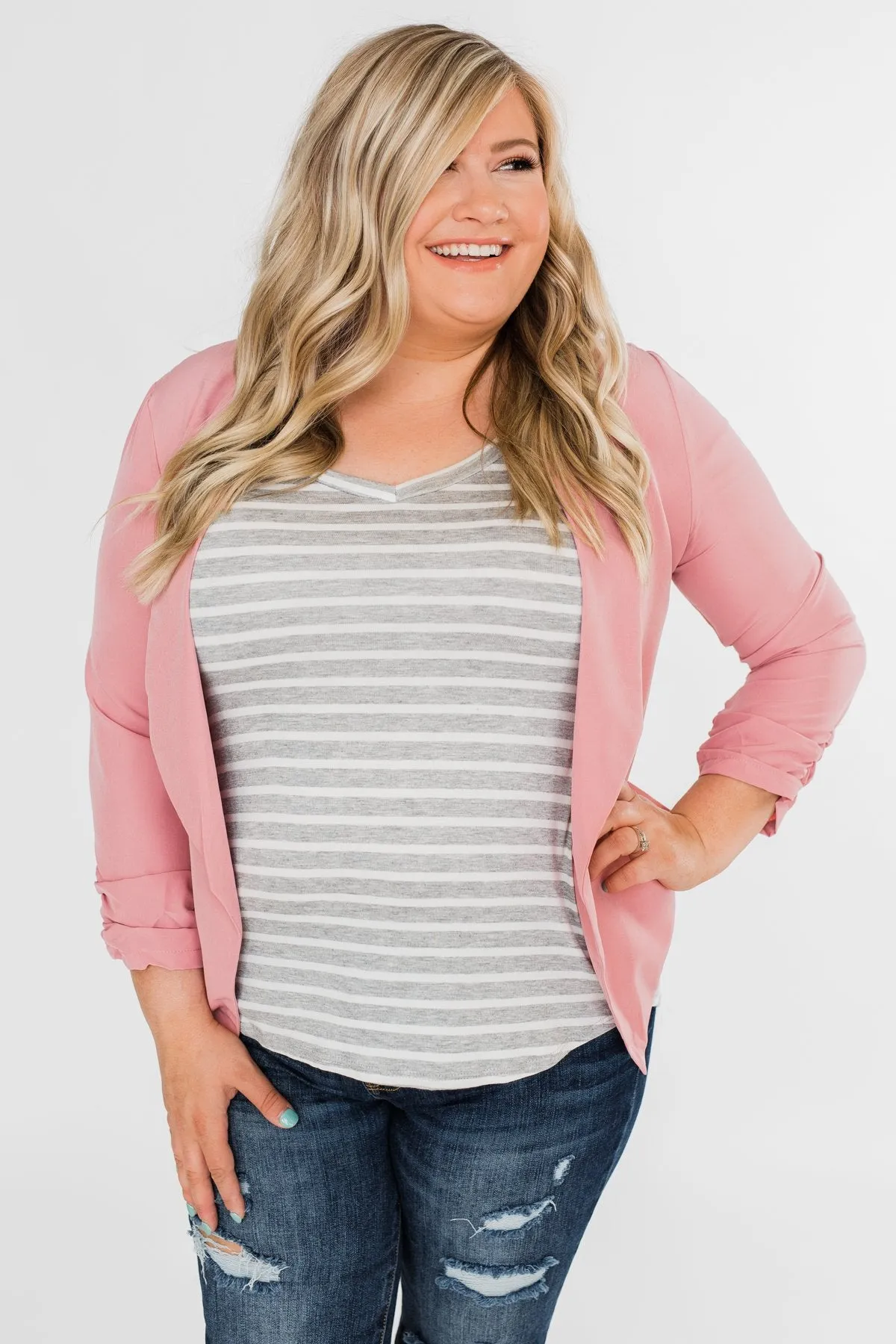 Heather Grey & White Striped V-Neck Top