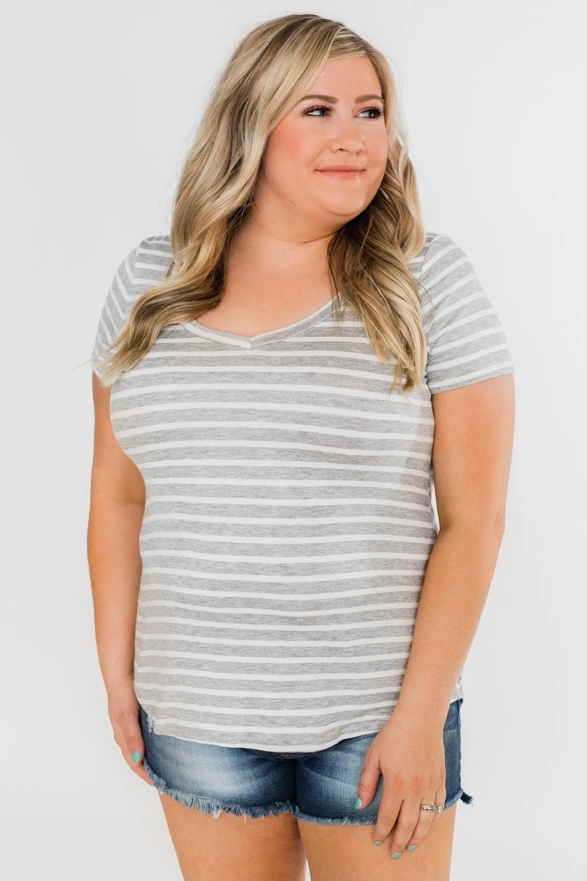 Heather Grey & White Striped V-Neck Top