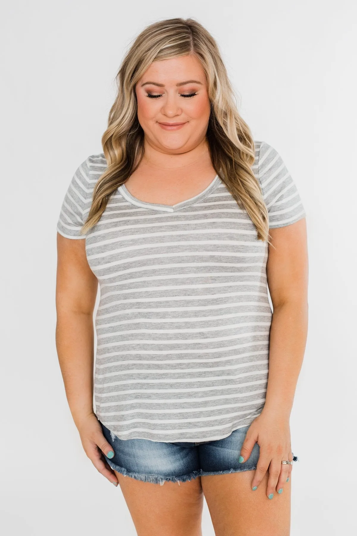 Heather Grey & White Striped V-Neck Top