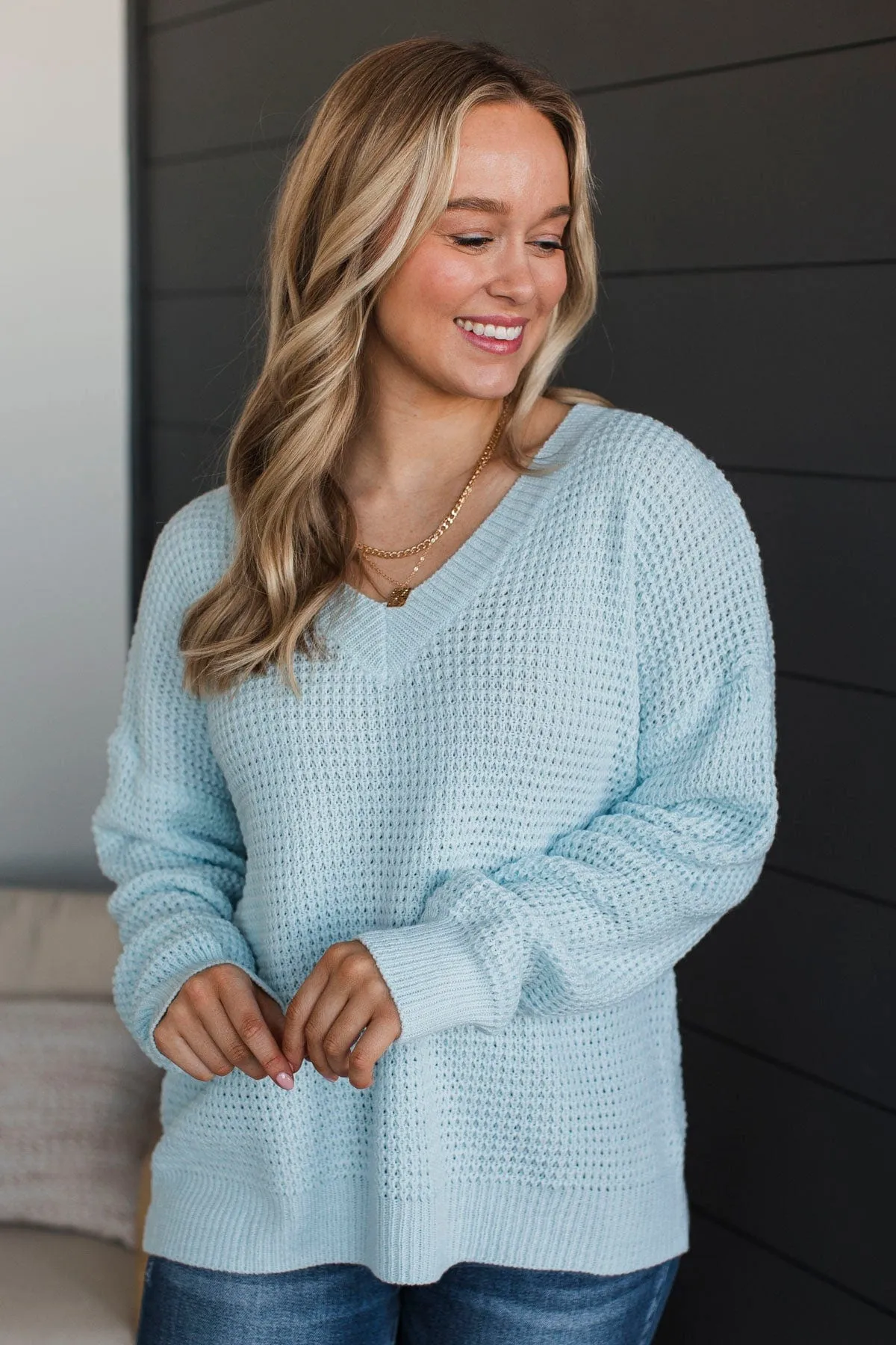 Inspiring Love V-Neck Sweater- Light Blue