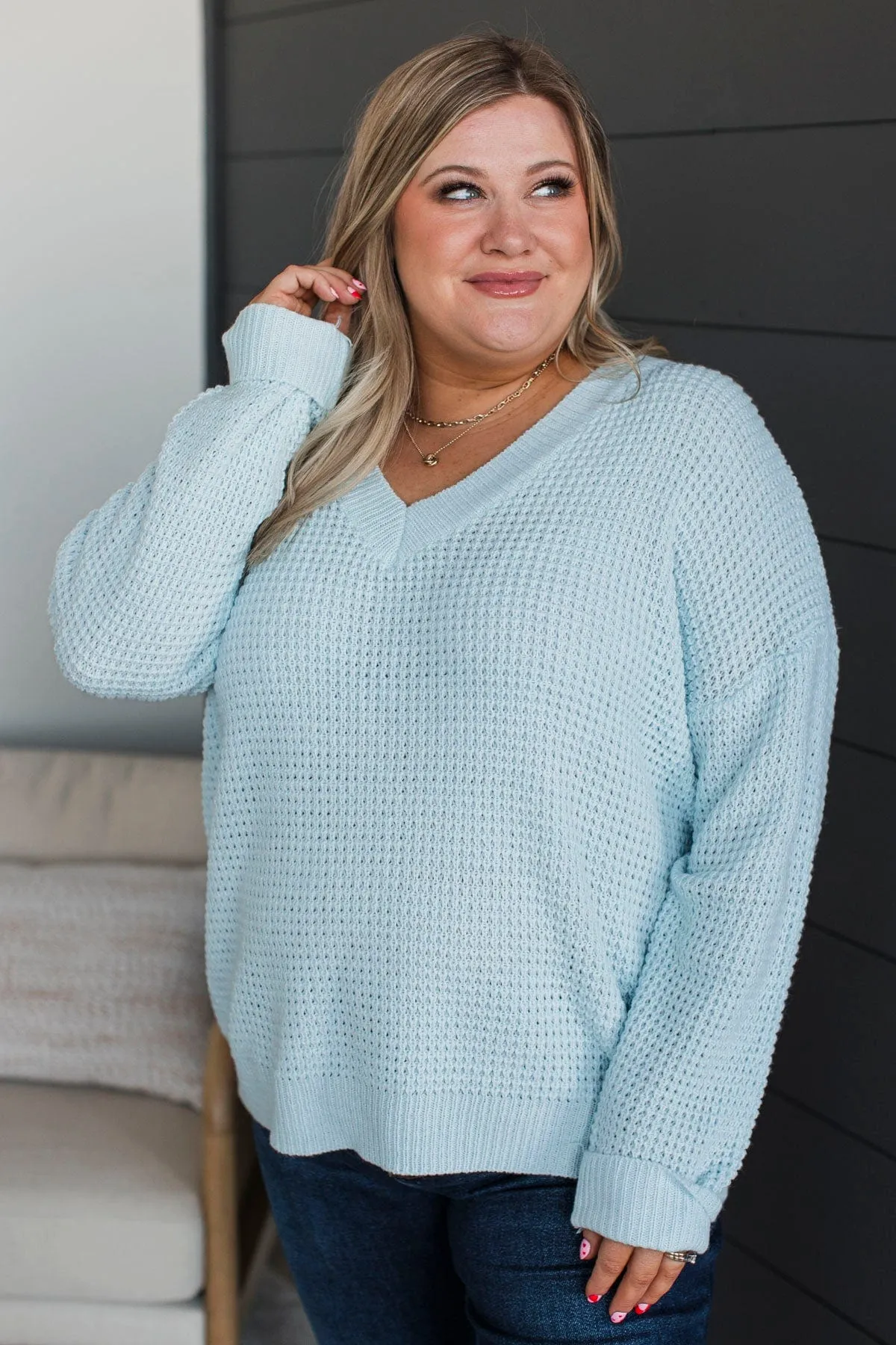 Inspiring Love V-Neck Sweater- Light Blue
