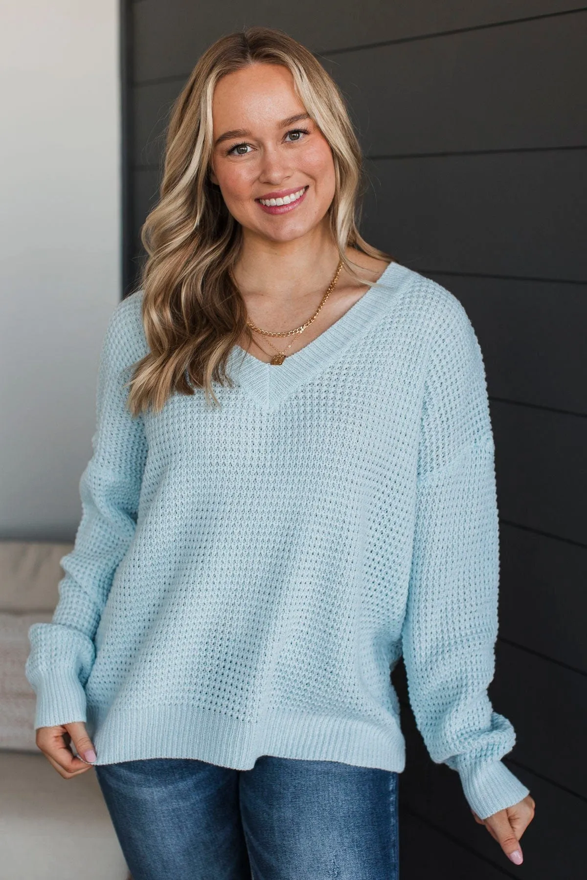 Inspiring Love V-Neck Sweater- Light Blue