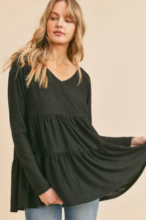 Jet Black Swiss Dot V Neck Long Sleeve Tiered Babydoll Top 9/30/24 9010