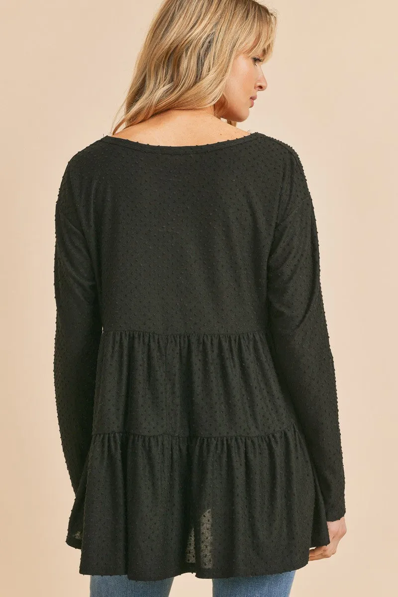 Jet Black Swiss Dot V Neck Long Sleeve Tiered Babydoll Top 9/30/24 9010