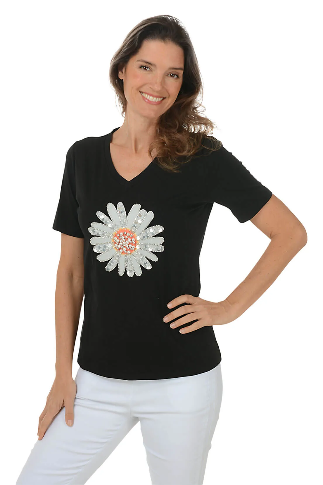 Jeweled Daisy V-Neck Tee