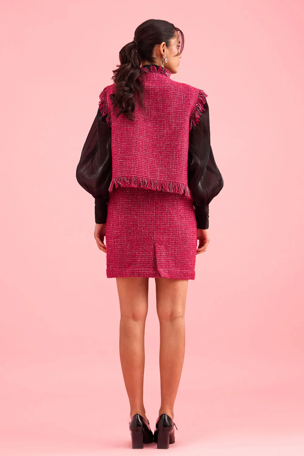 Karma Dhingra In Our Rasberry Pink Sleeveless Jacket & Skirt