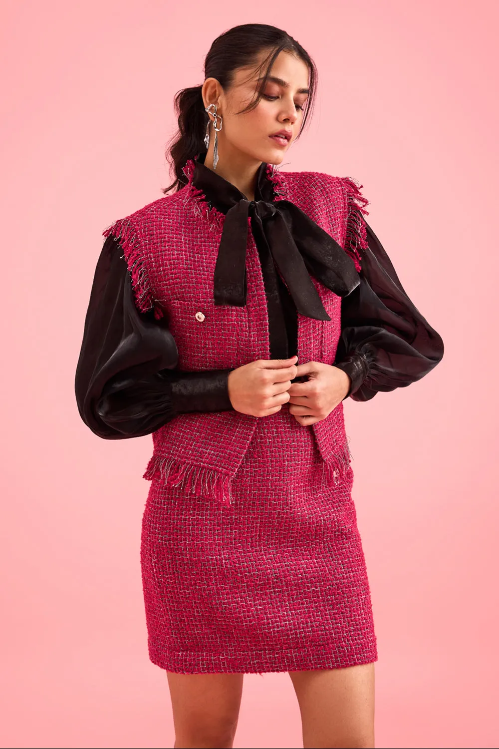 Karma Dhingra In Our Rasberry Pink Sleeveless Jacket & Skirt