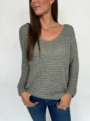 KLD V-Neck Open Knit Sweater Olive