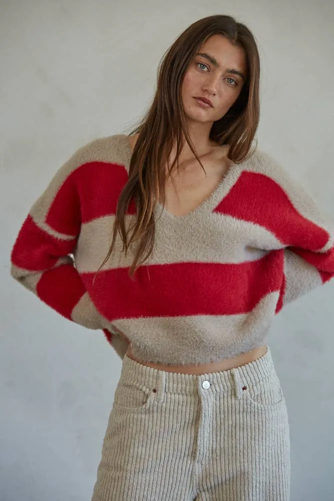 Knit Sweater Nylon Polyester Striped V-Neck Pullover: Red Taupe