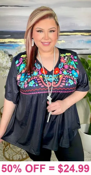 Large, 3X : Turquoise Floral printed Black Baby Doll top