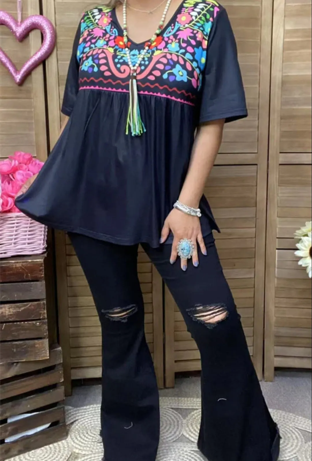 Large, 3X : Turquoise Floral printed Black Baby Doll top