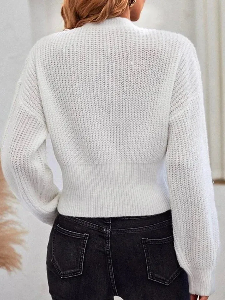 Leisure Buttoned Plunging Crochet Drop Shoulder Sweater Tops