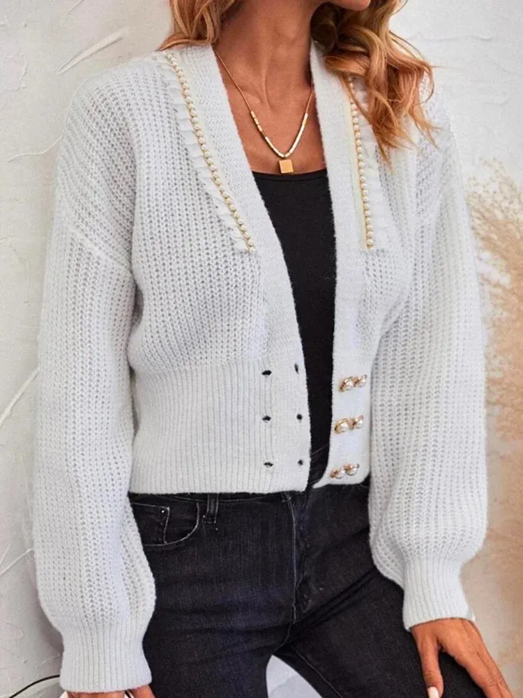 Leisure Buttoned Plunging Crochet Drop Shoulder Sweater Tops