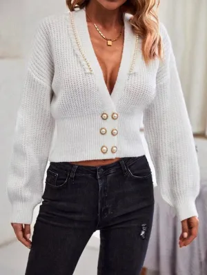 Leisure Buttoned Plunging Crochet Drop Shoulder Sweater Tops