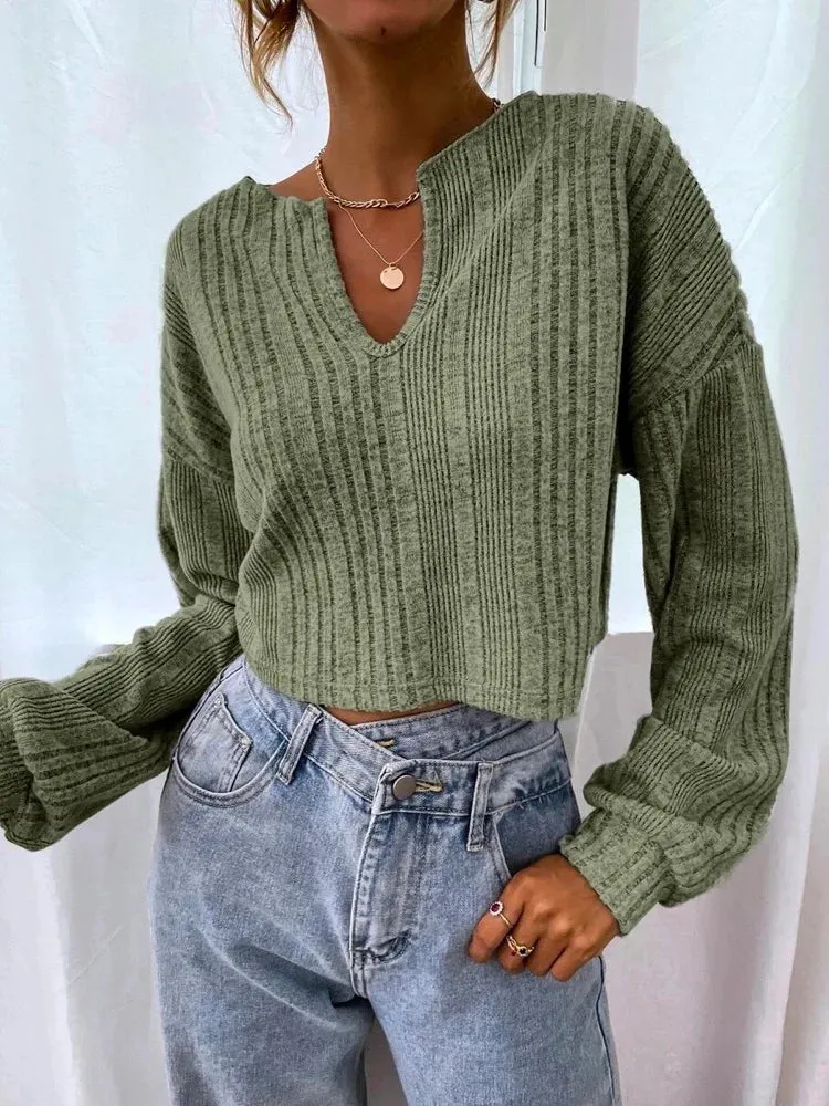 Leisure Long Sleeves Jacquard Solid Color V-Neck Short T-Shirts Tops