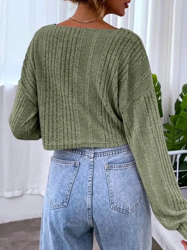 Leisure Long Sleeves Jacquard Solid Color V-Neck Short T-Shirts Tops