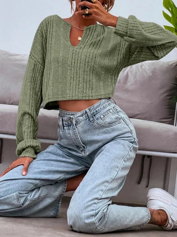 Leisure Long Sleeves Jacquard Solid Color V-Neck Short T-Shirts Tops