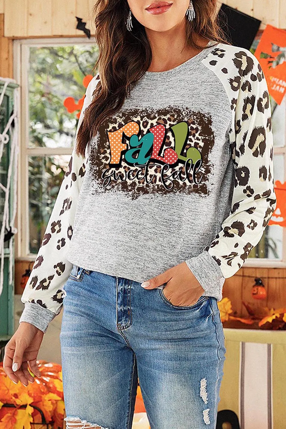 Leopard Raglan Sleeve Graphic Sweatshirt