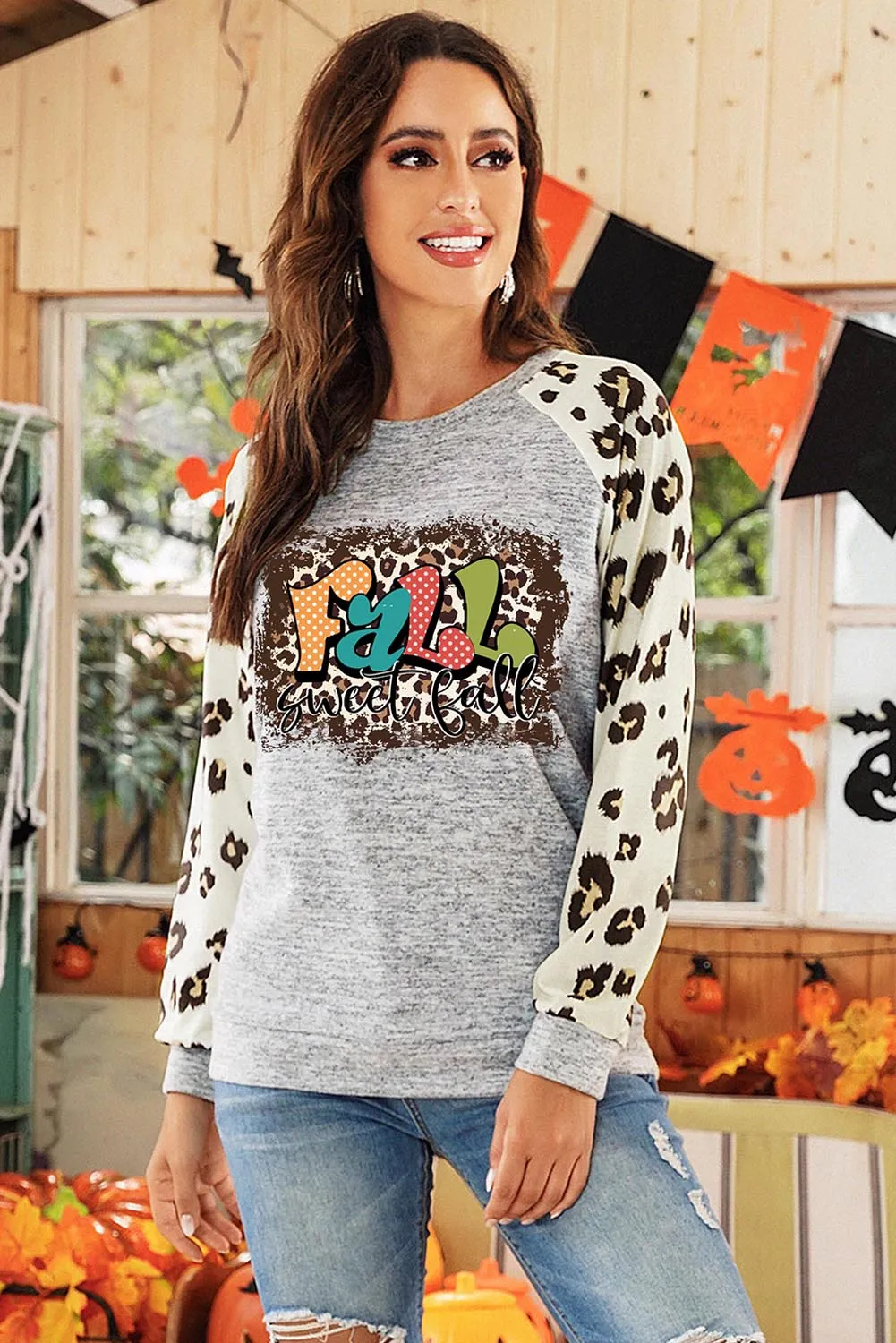 Leopard Raglan Sleeve Graphic Sweatshirt