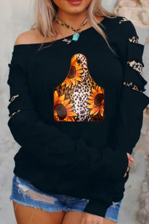 Leopard Sunflower Print Cut-out Long Sleeve Sweatshirt