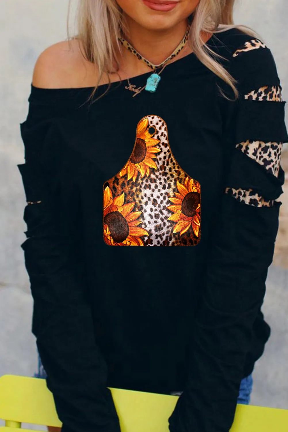 Leopard Sunflower Print Cut-out Long Sleeve Sweatshirt