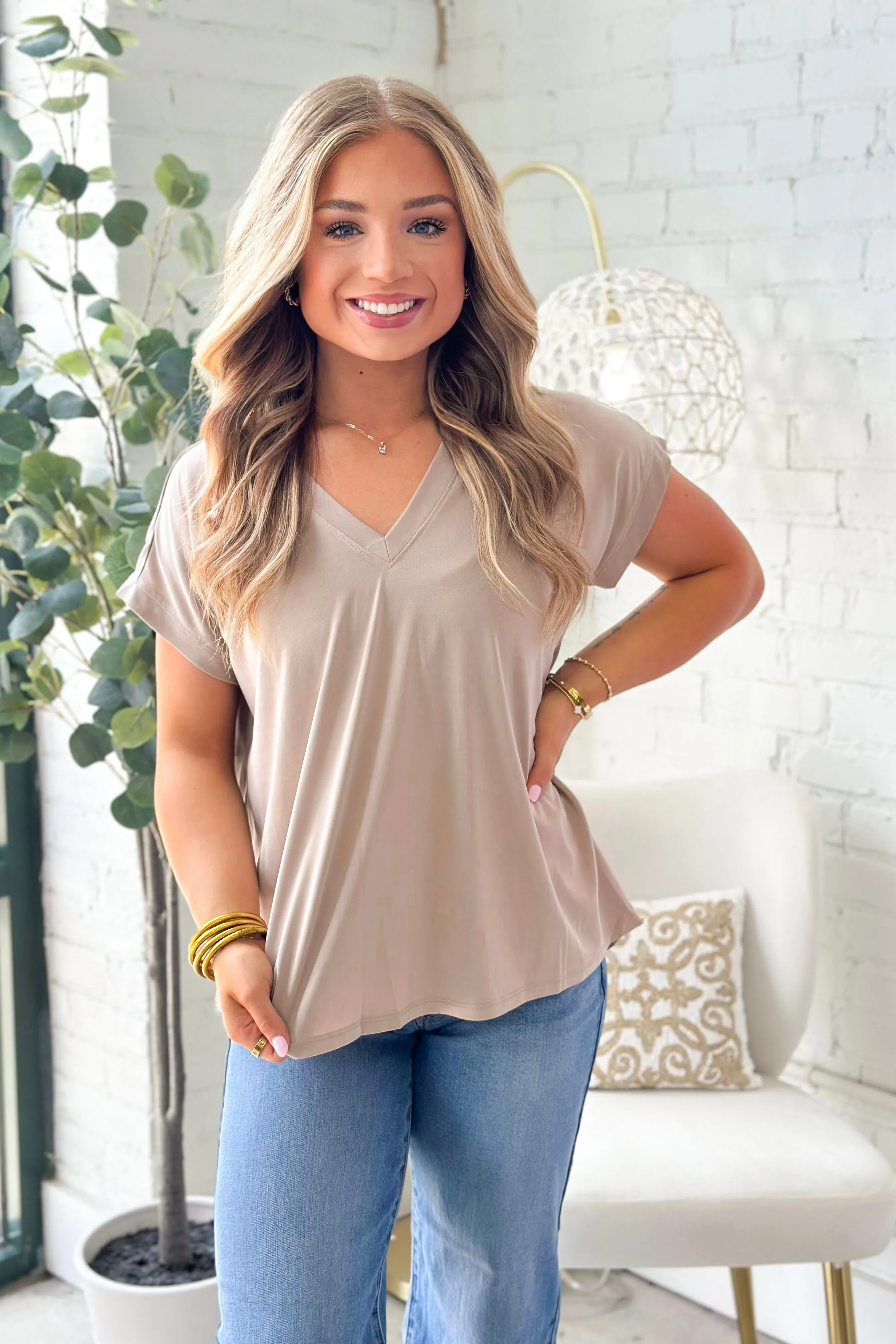 Light Khaki V-Neck Dolman Short Sleeve Top