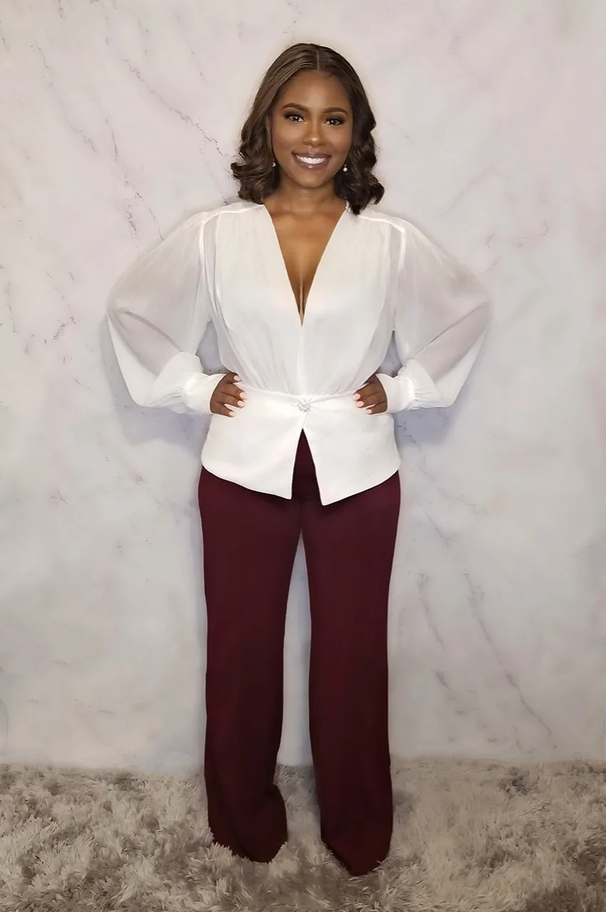 Long Sleeve Deep V-Neck Blouse