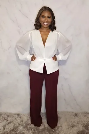 Long Sleeve Deep V-Neck Blouse