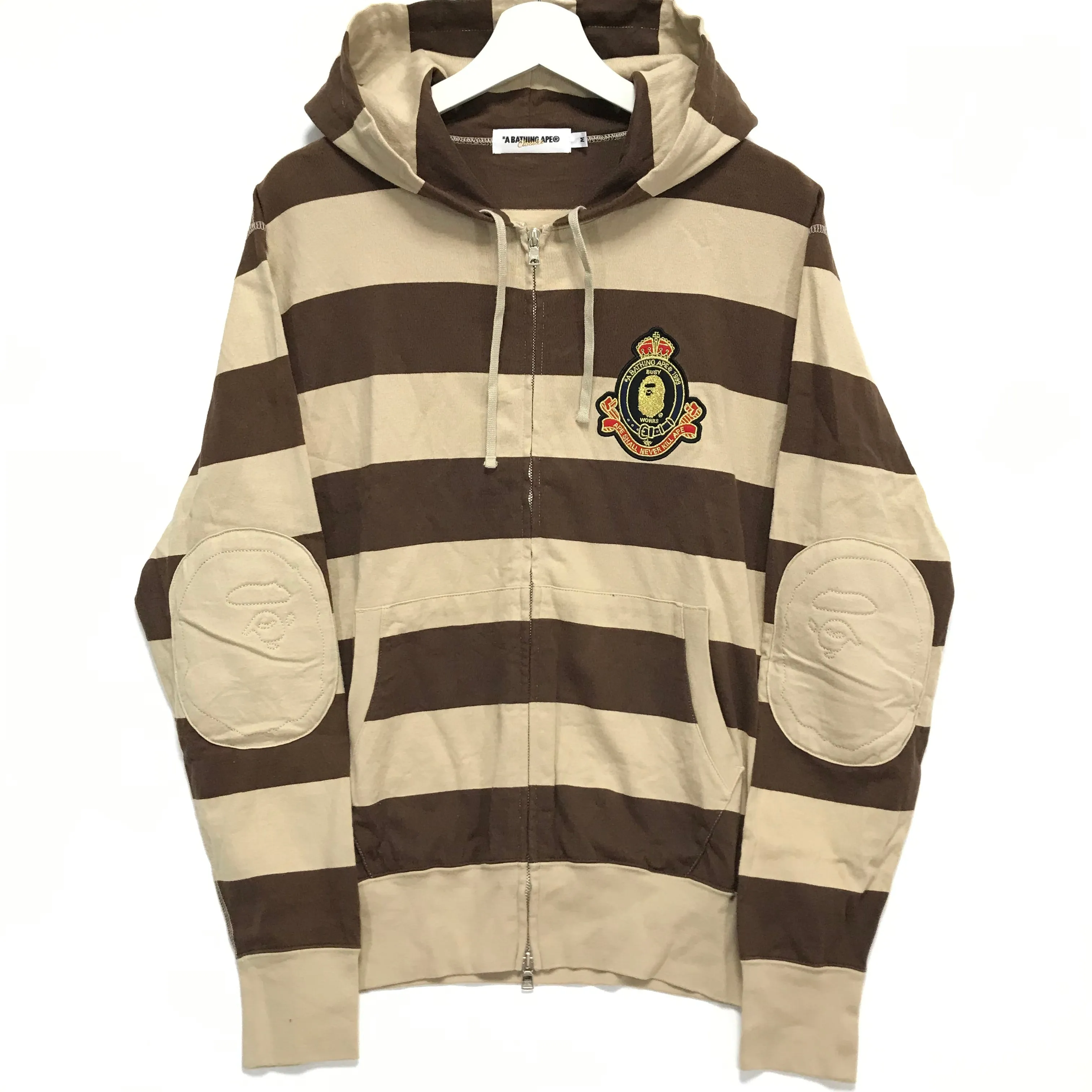 [M] A Bathing Ape Bape Crest Striped Hoodie Brown